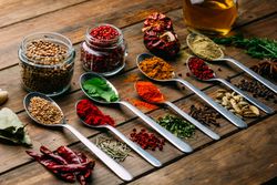 Set of various spices on table