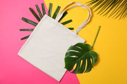 Eco bag and palm leaves on two color background, copy space