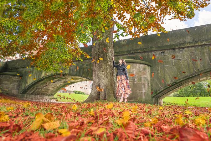 Woman under a tree with falling leaves