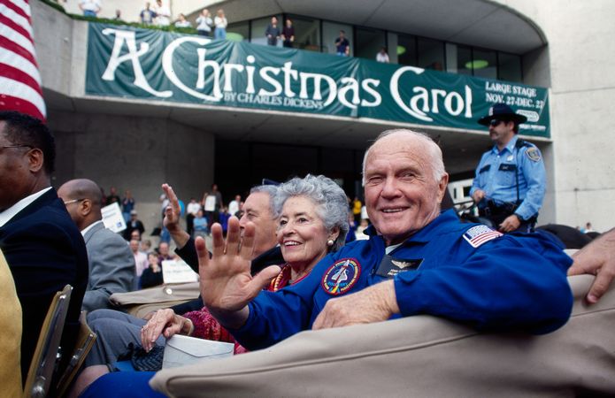John Glenn and his wife Annie at a parade honoring U.S. astronauts in 1998, Houston, Texas