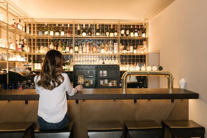 Back view of anonymous woman holding a cocktail in bar