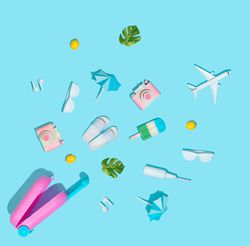 Suitcase and beach items, like camera, sunglasses, flip flops, on pastel blue background