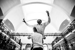 MONTREAL, QUEBEC, CANADA – March 16 2019- Man holds another man up in a dance studio