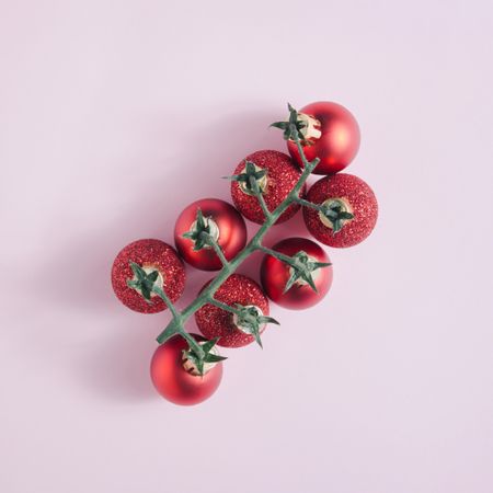 Christmas baubles with cherry tomato branch