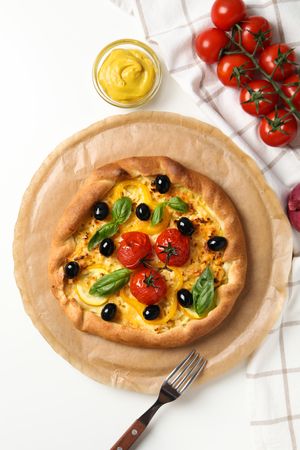 Concept of tasty food, Vegetable galette, top view