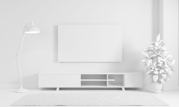 Modern living room with wooden wall, lamp and flat screen tv with no color