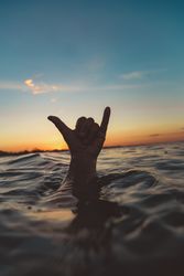 Hand with shaka gesture between water surface and sky at sunset