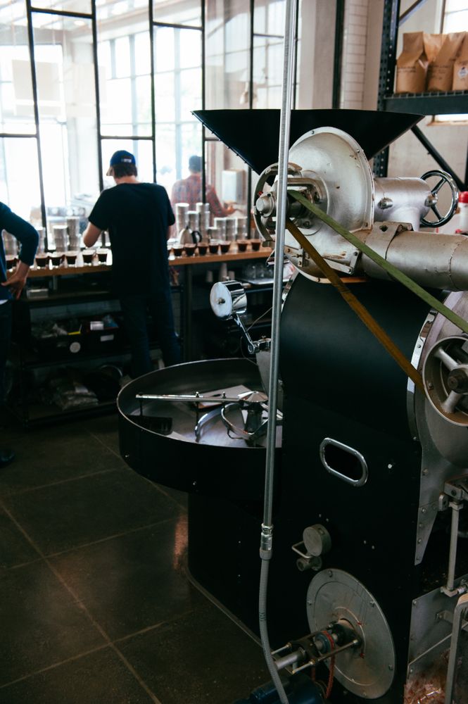 Master roaster tasting coffee with roasting machine in foreground