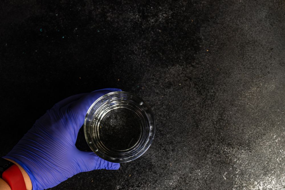 Top view of hands wearing purple latex gloves holding glass of water