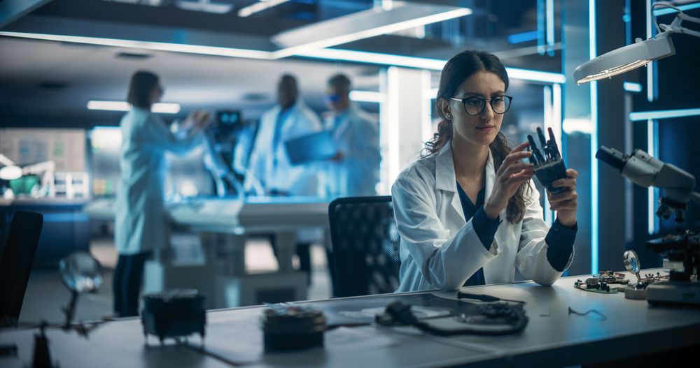 Talented Young Female Scientist Working on a Prosthetic Robotic Hand.