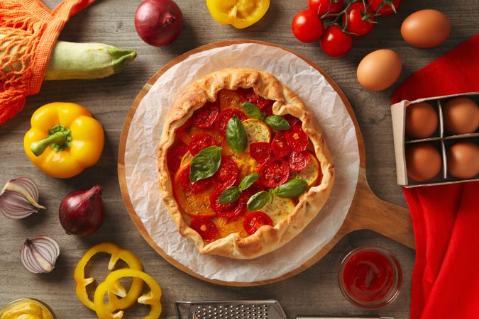 Concept of tasty food, Vegetable galette, top view