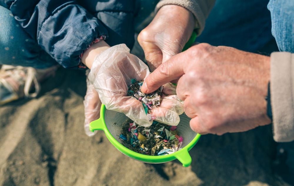 Colander with microplastics on the beach