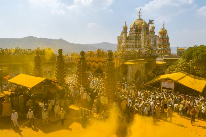 Jejuri, Maharashtra, India - Dec 30, 2024: Palkhi of Lord Khandoba at the famous and beautiful Khandoba temple at Jejuri during the festival of Somvati Amavasya