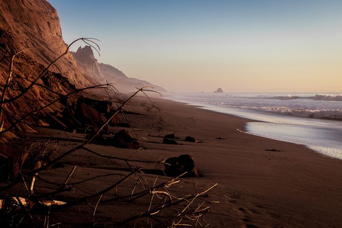 Side of cliffs with driftwood on Pacific Ocean beach