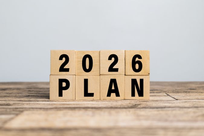 2026 plan words text on wooden blocks isolated on plain background