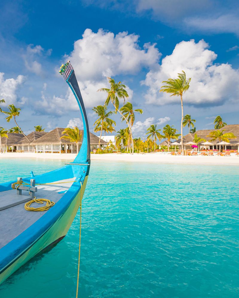 Portrait shot of the front of a traditional dhoni boat in the Maldives