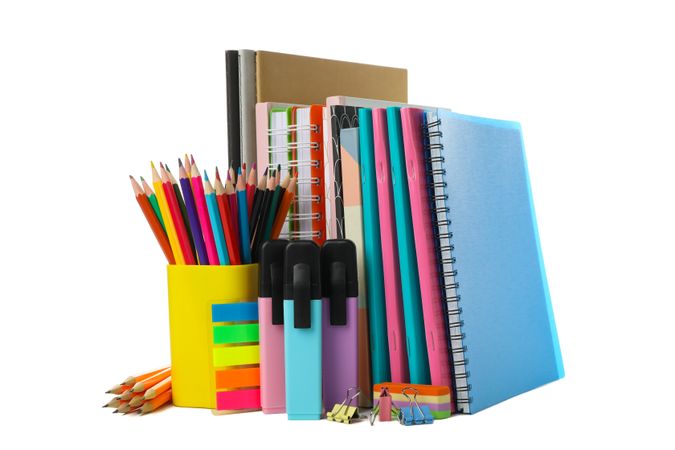 Different school supplies isolated on blank background