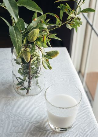 Glass of almond milk on kitchen table