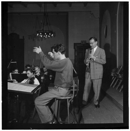 New York City, New York, USA - 1946/8: Portrait of Leonard Bernstein, Benny Goodman, and Max Holland