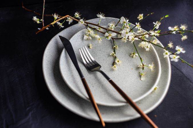 Spring table setting with blooming tree branch on plate