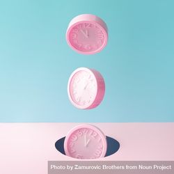 Pastel pink clocks on blue and pink backdrop falling into a hole 42eke5