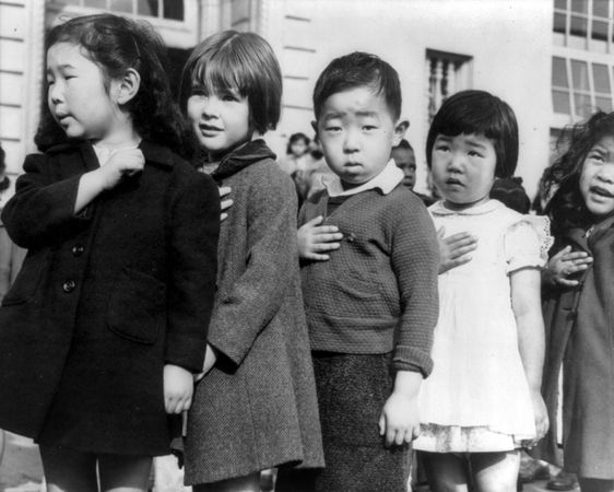 Japanese-American children pledging allegiance, 1942, photo by Dorothea Lange