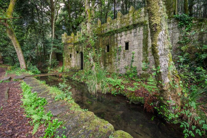 Fantastic castle in the Galician mythological mountains, Aldan, Spain