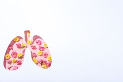 Lung shape cut out of paper with bronchus and pink and yellow flowers underneath with copy space