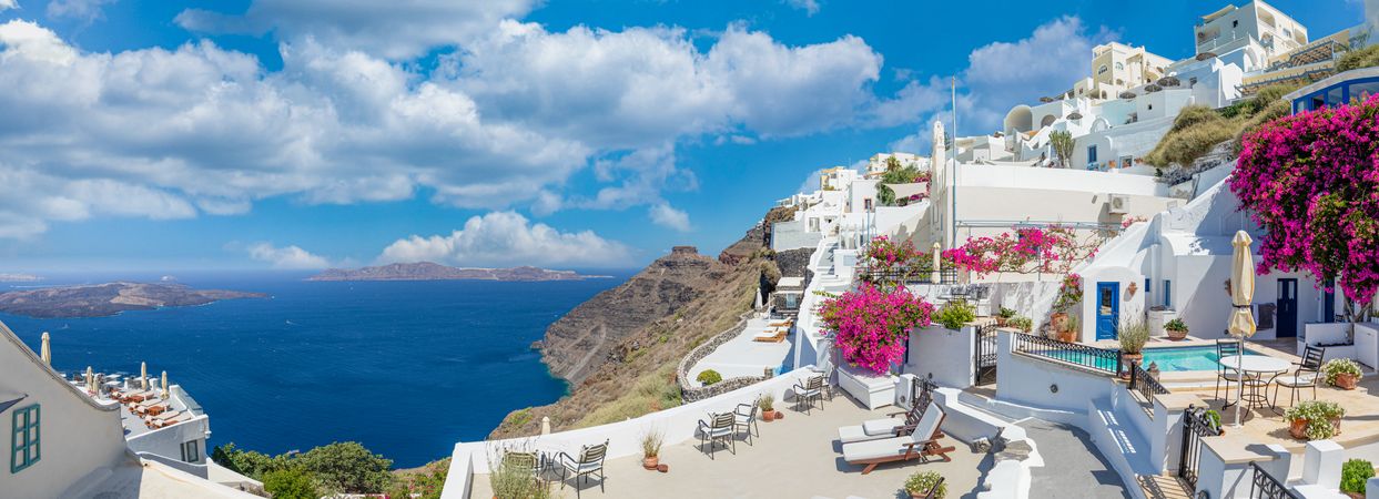 Panoramic shot of patio in Santorini