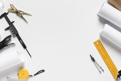 Architectural project with different tools composition with copy space
