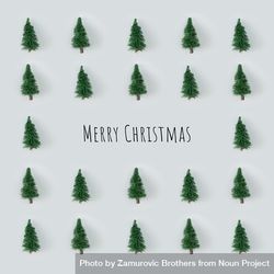 Christmas trees arranged on gray background with “Merry Christmas” 4OOnR4