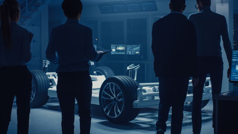 Team of Automobile Design Engineers Enter Automotive Innovation Facility Start Working on Electric Car Platform Chassis Prototype