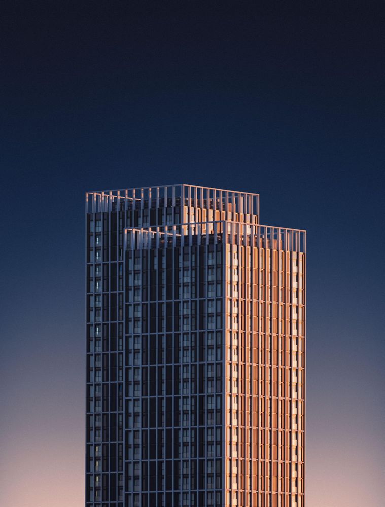 Unique residential building against a gradient sky