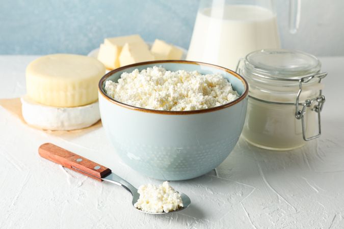 Different dairy products on background, close up