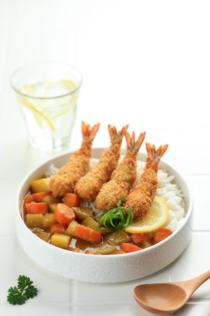 Japanese Curry Rice Topped with Shrimps Tempura