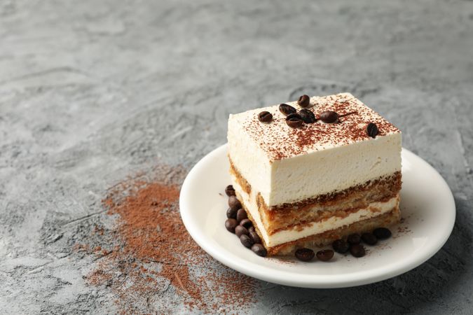 Composition with plate of tasty tiramisu on gray background