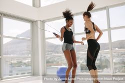 Female partners jumping together with skipping rope 5wXLQZ