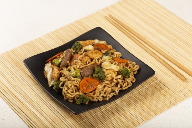 Yakisoba noodles. Yakisoba dish with meat, chicken and vegetables.