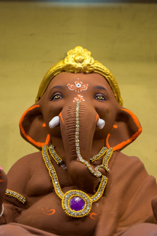 A beautiful idol of Lord Ganpati on display at a workshop in Mumbai, India for the festival of Ganesh Chaturthi