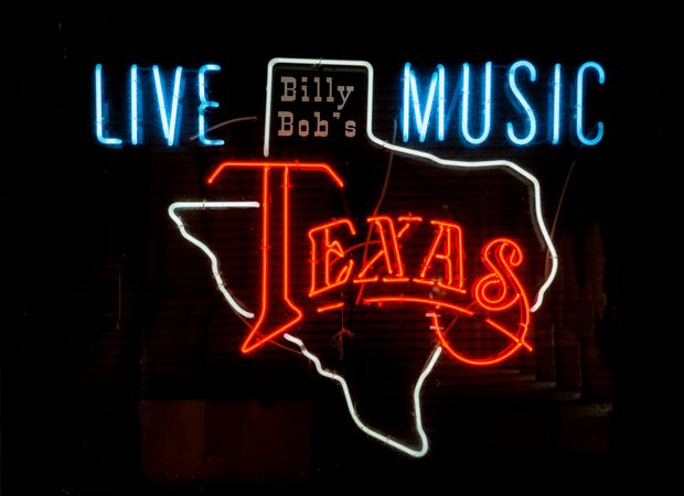 Neon sign outside a bar for “Live Music,” Fort Worth, Texas