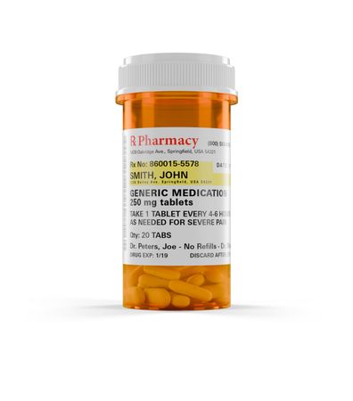 Generic Medication Prescription Medicine Bottle and Pills Isolated on a blank Background.