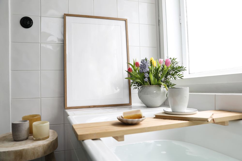 Elegant bathroom interior still life home spa relaxation in bathtub with cup of coffee