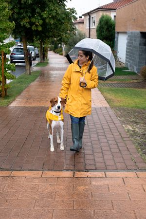 Woman walking with dog in cloak in street