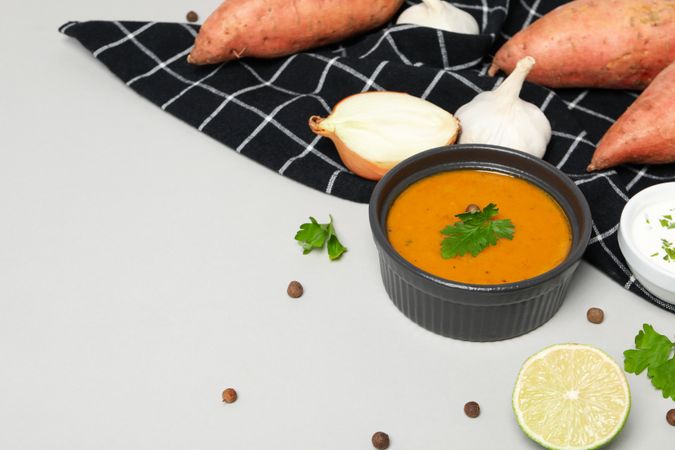 Concept of tasty food, sweet potato puree, space for text