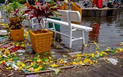 Offerings of fruit and flowers by lake of Hindu holy site