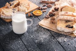 Tasty dessert and cup of milk