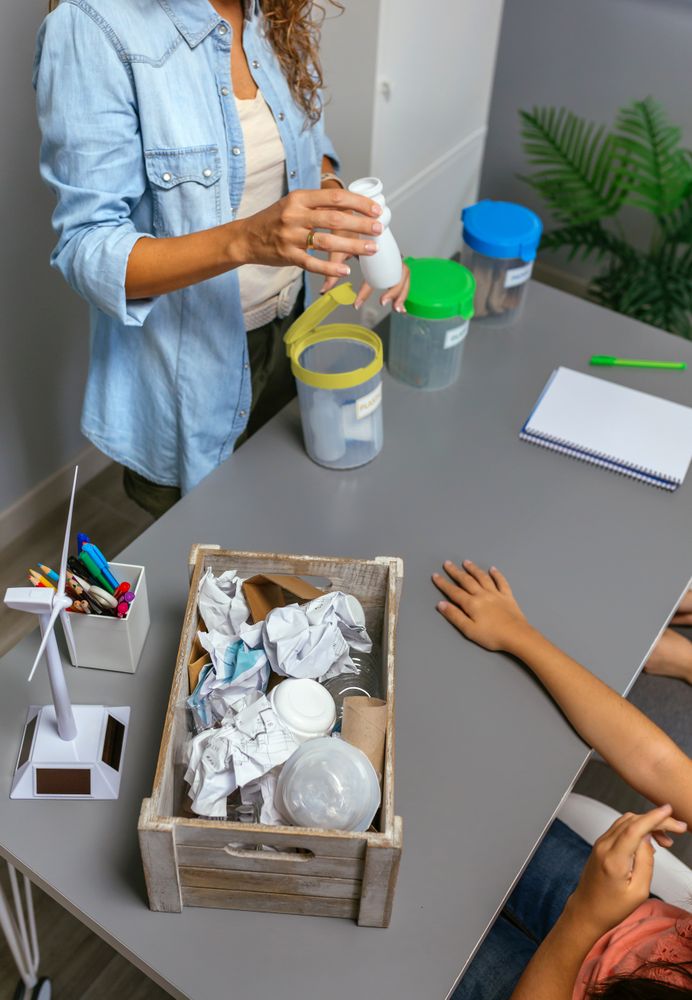 Unrecognizable teacher teaching how to recycle by sorting waste