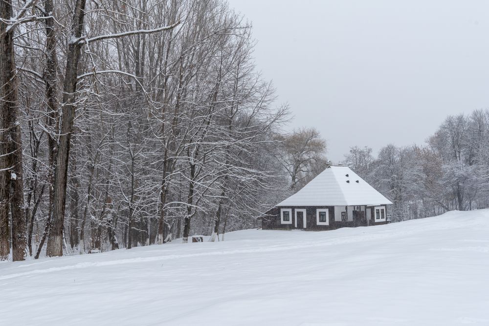 Winter landscape with an old Romanian traditional wooden house covered in deep snow