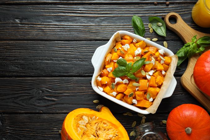 Concept of tasty homemade dish - baked pumpkin