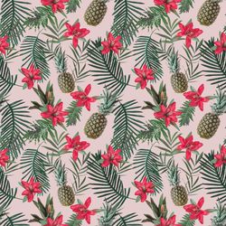 Pineapple pattern with leaves and red flowers on blush pastel background